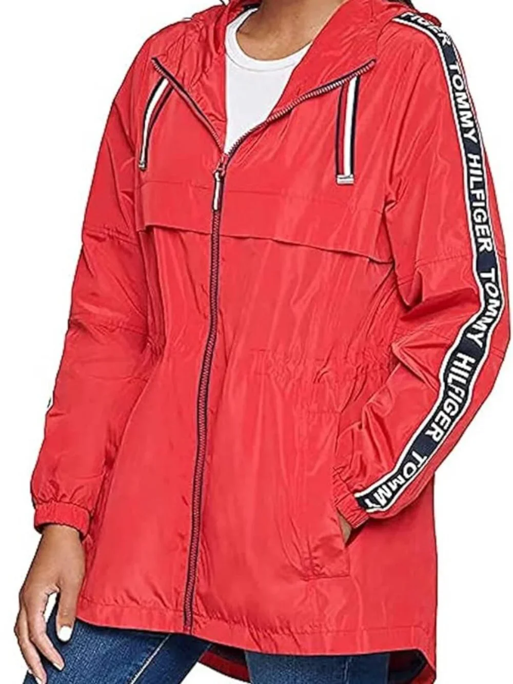 Tommy Hilfiger Women's Long Windbreaker Jacket Size M Red - Picture 1 of 10